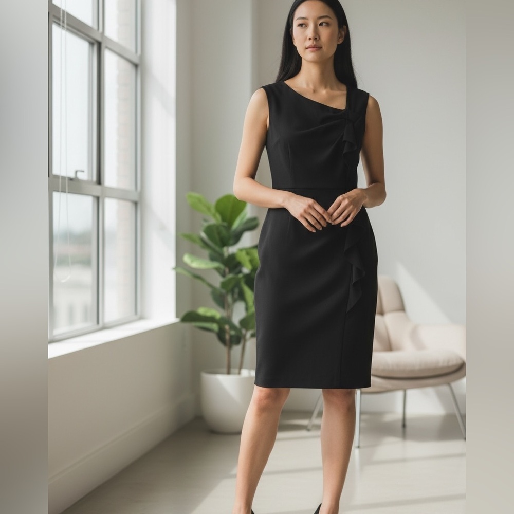 White House Black Market Black Sleeveless Ruffle Sheath Dress Size 2 - Picture 1 of 9